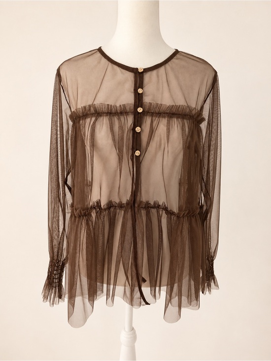 Tops - Sheer Ruffle Button-Front Top in Brown - Medium